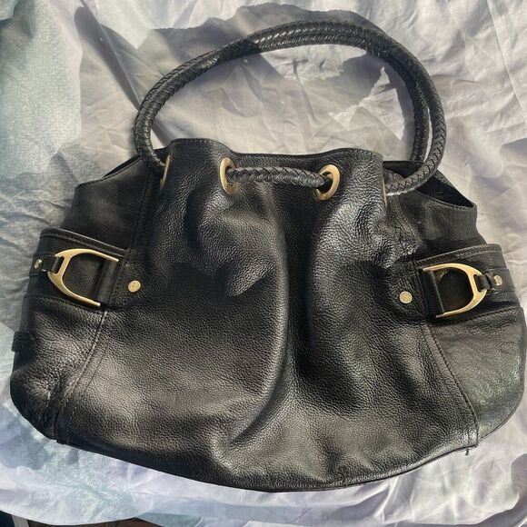 COLE HAAN  Pebble Leather Braided Drawstring Handle Black SHOULDER BAG HOBO - Picture 1 of 10